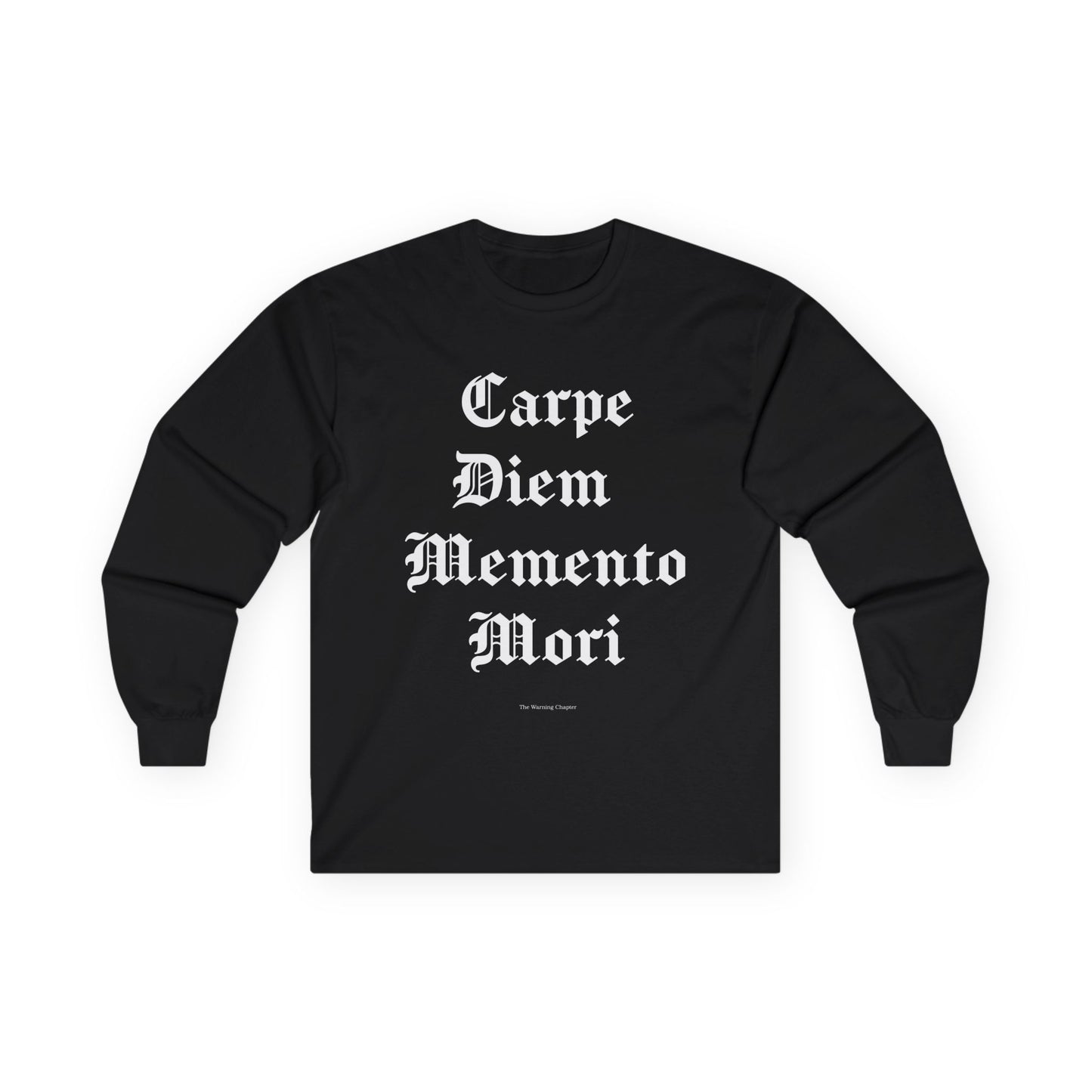 Black long-sleeve shirt with 'Carpe Diem Memento Mori' text on a white background