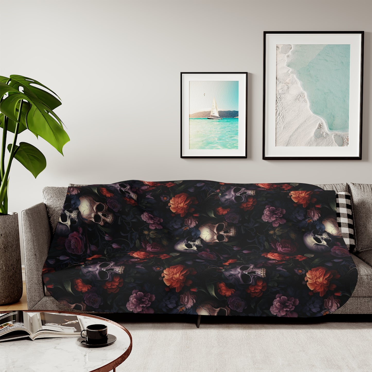 Gothic Floral Skull Sherpa Blanket Cozy Dark Rose Throw