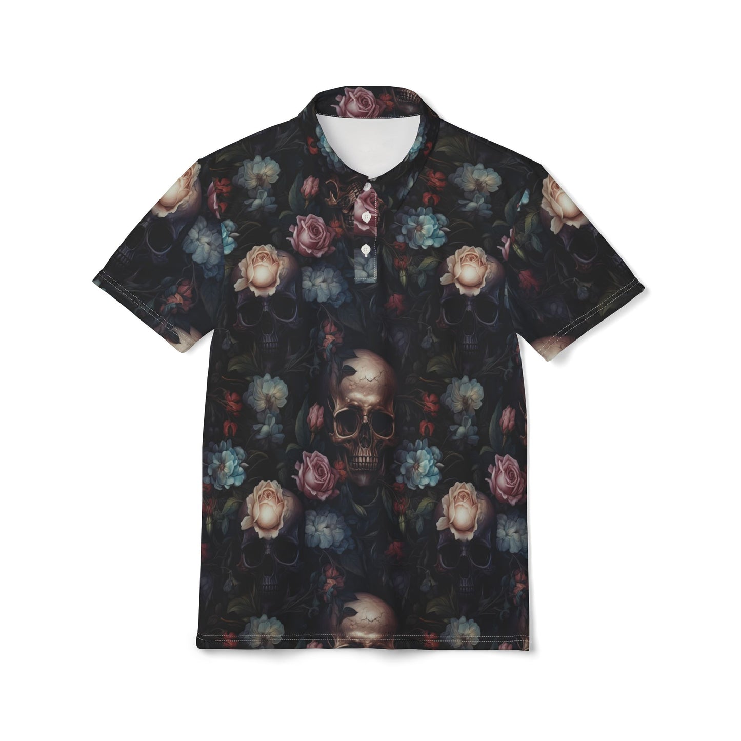 Gothic Skull & Vintage Roses Floral All-Over Print Polo