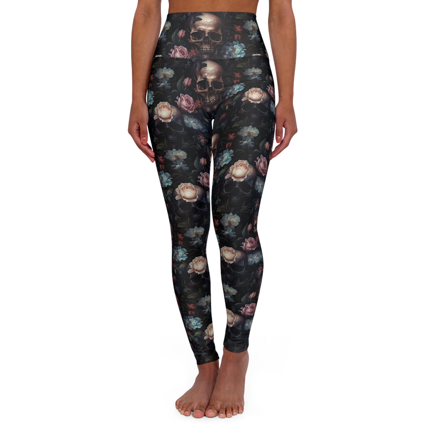 Skull & Rose High-Waist Yoga Leggings – Dark Floral Gothic Activewear