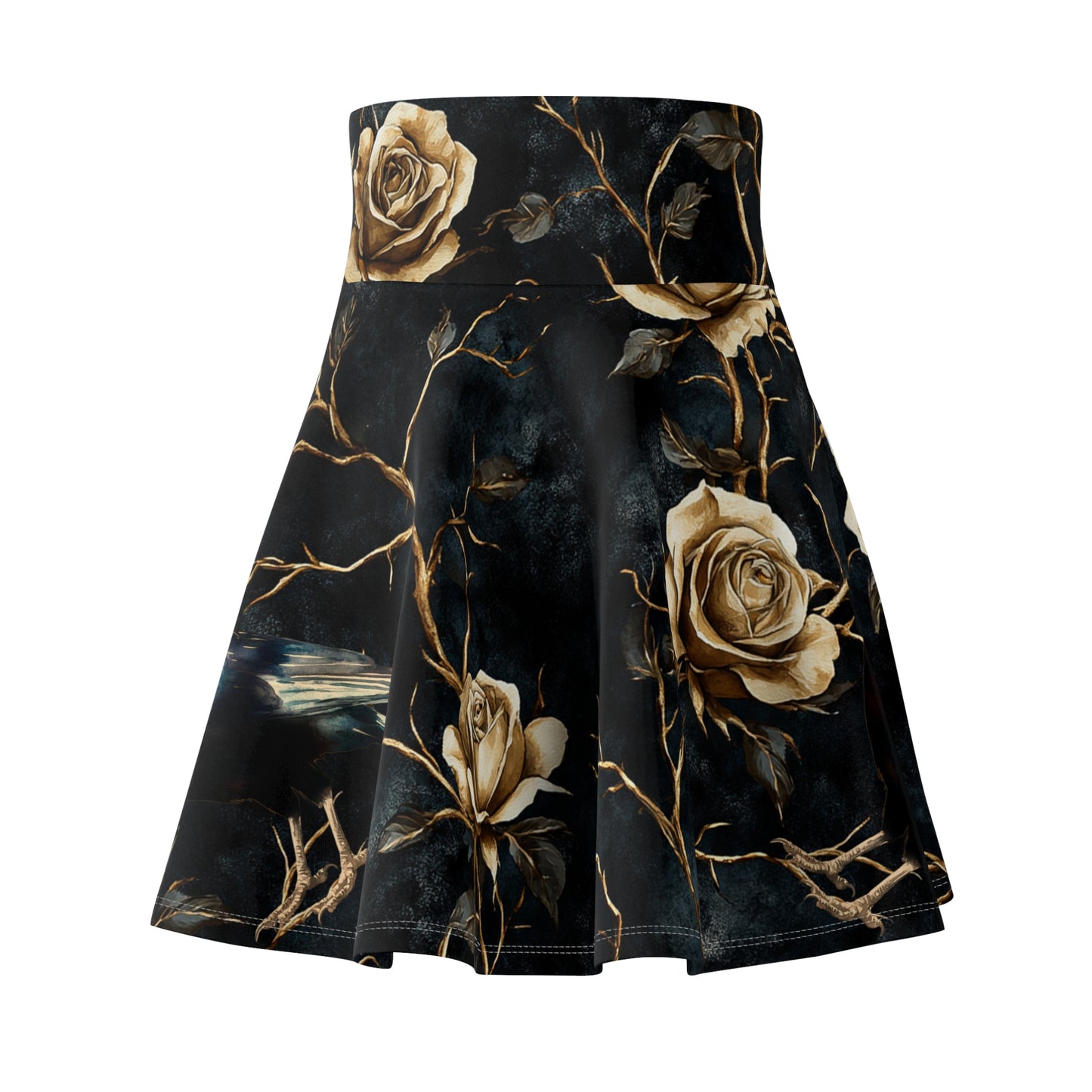 Women's Skater Skirt All Over Print Gold Roses Black Raven