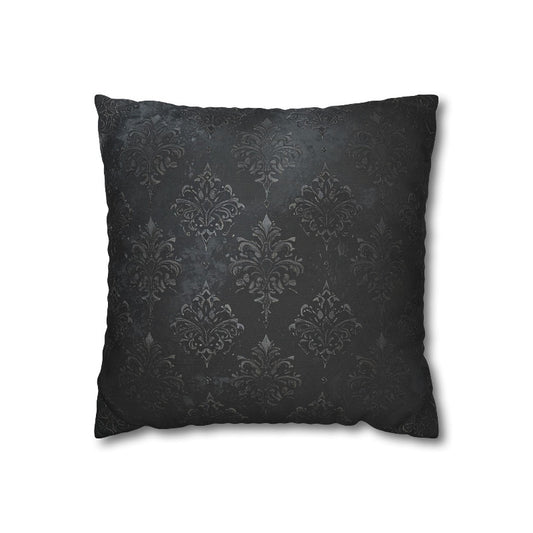 Dark damask gothic throw pillow cover featuring ornate black patterning and moody dark romantic home decor style.