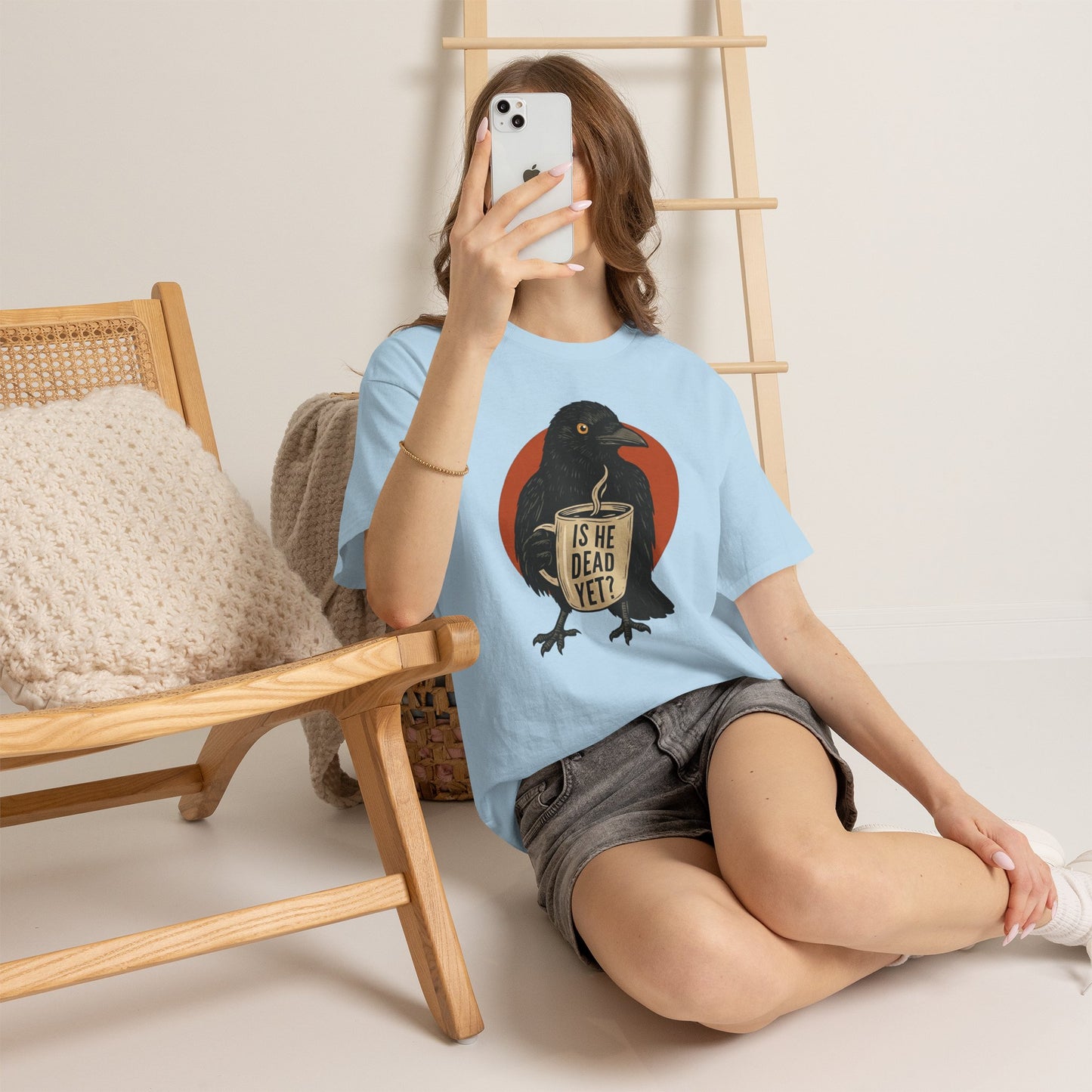 Raven Coffee Tee "Is He Dead Yet?" Humor T-Shirt