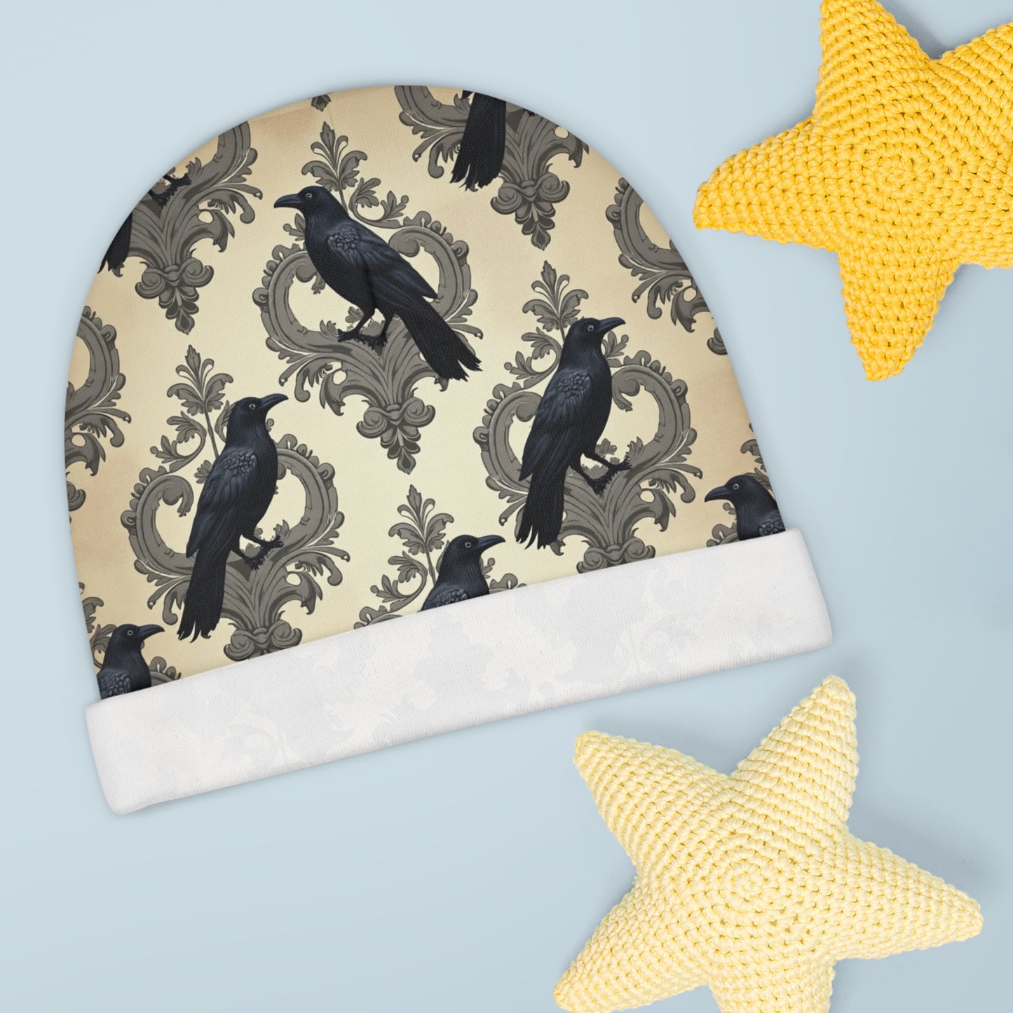 Gothic Raven  & Damask Baby Beanie Infant