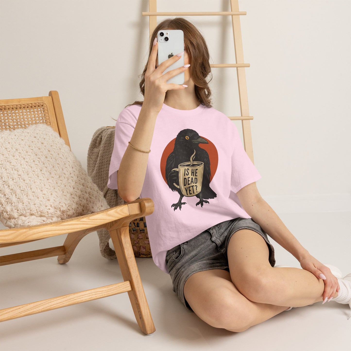 Raven Coffee Tee "Is He Dead Yet?" Humor T-Shirt