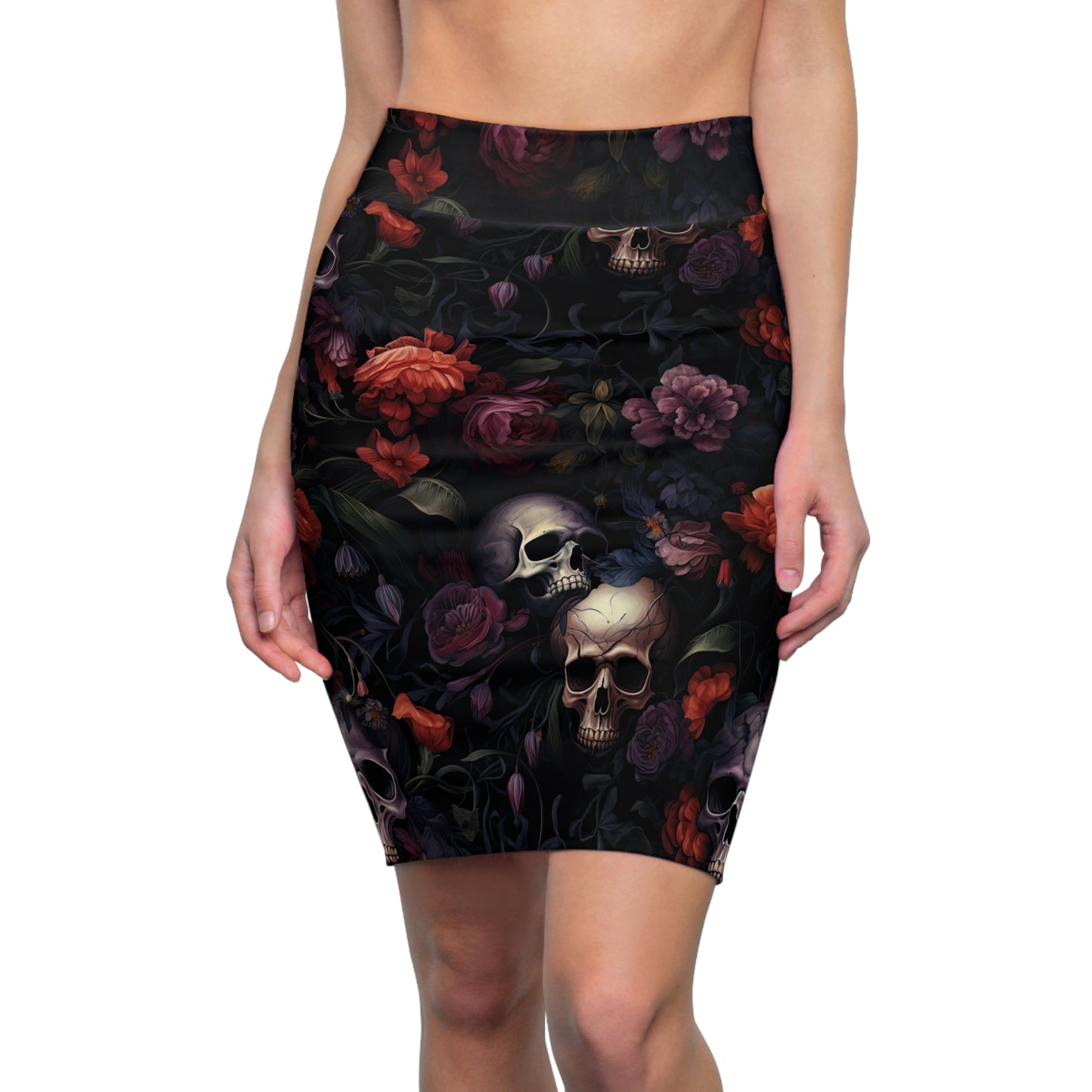 Skull & Dark Floral Pencil Skirt — Gothic Floral Women's Skirt