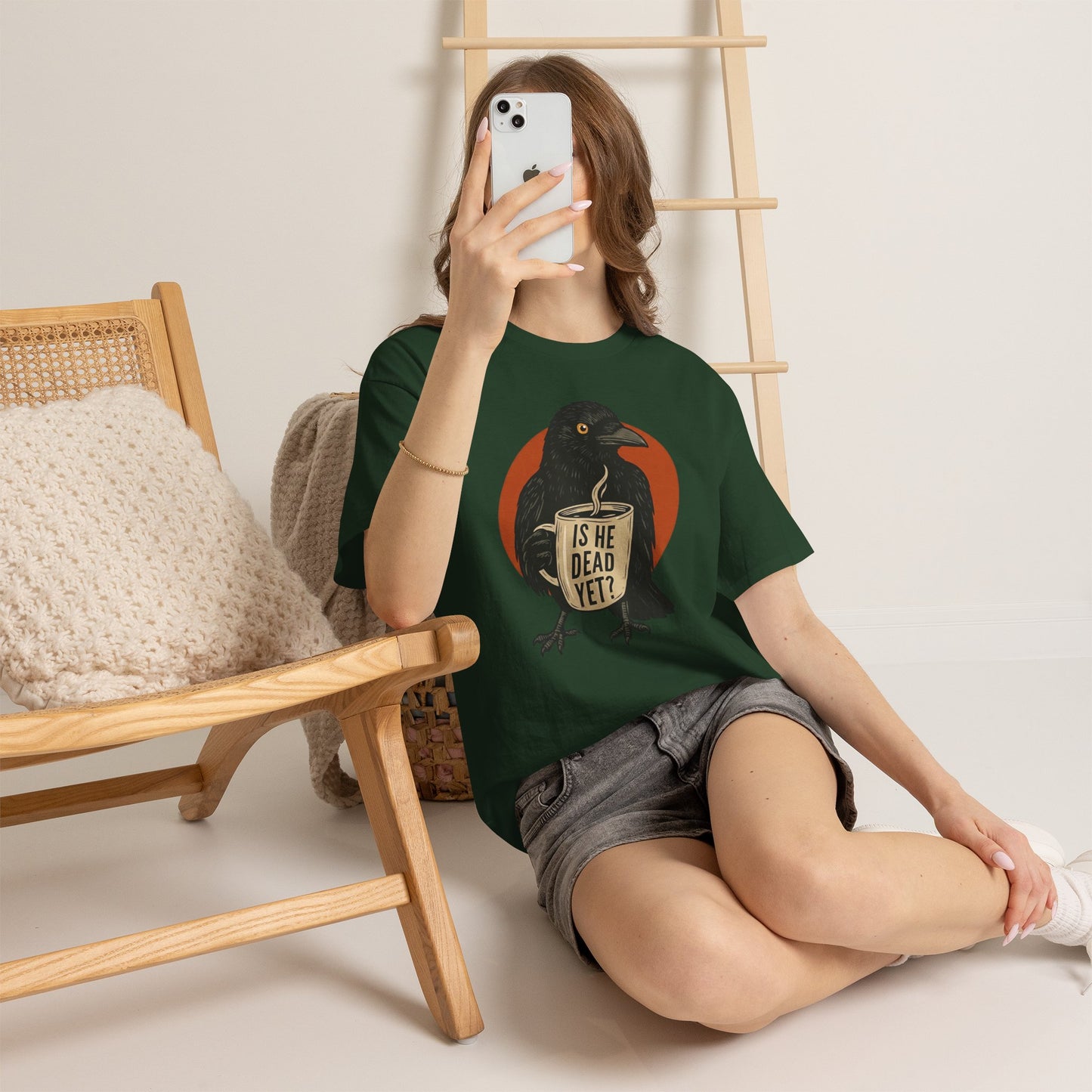 Raven Coffee Tee "Is He Dead Yet?" Humor T-Shirt