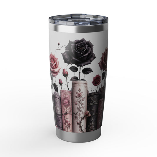 Vintage black rose 20oz gothic tumbler featuring dark floral artwork and a romantic witchy style from The Warning Chapter.