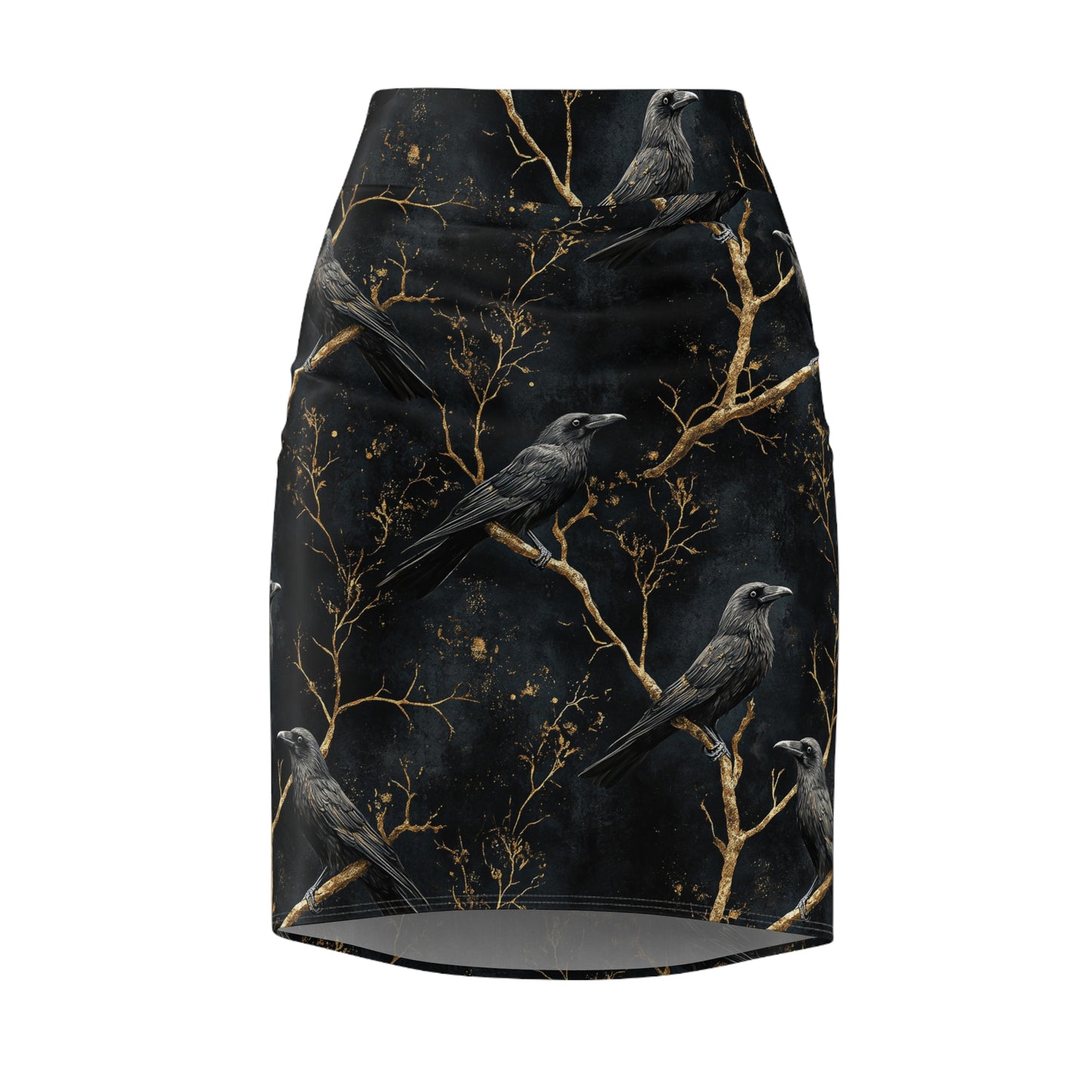 Women's Pencil Skirt with all over print of Gold Roses , Vines and Ravens