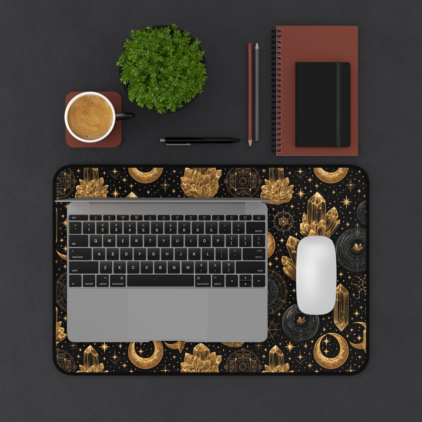 Mystic Gold Moon & Stars Crystals Desk Mat Gaming Work