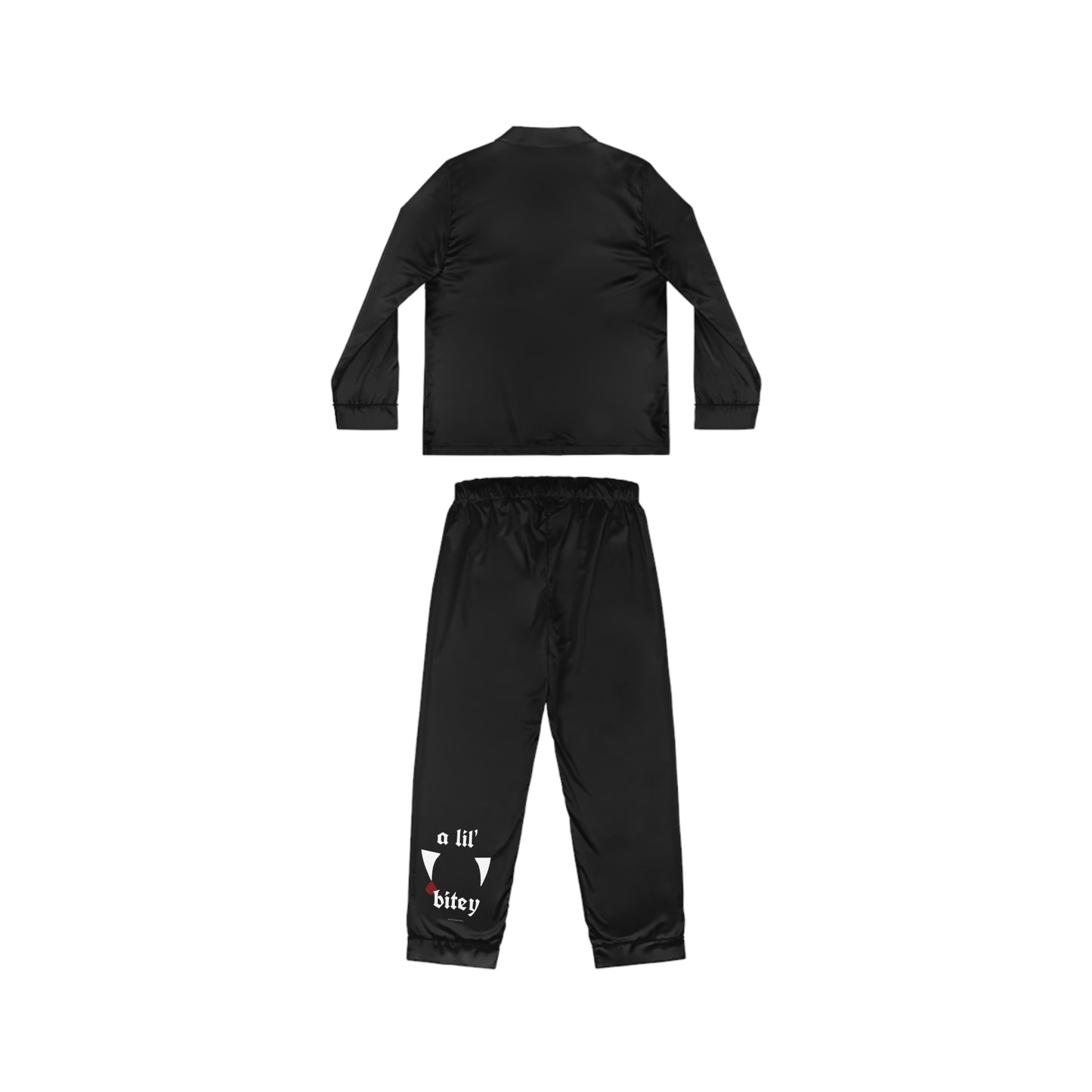Black Satin Pajama Set — 'a lil' bitey' Vamp Cat Pocket & Leg Print