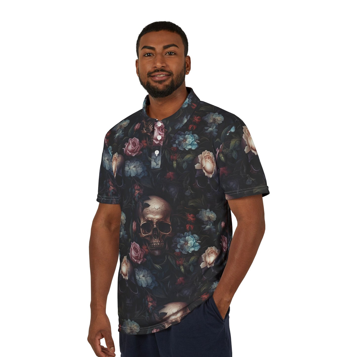 Gothic Skull & Vintage Roses Floral All-Over Print Polo