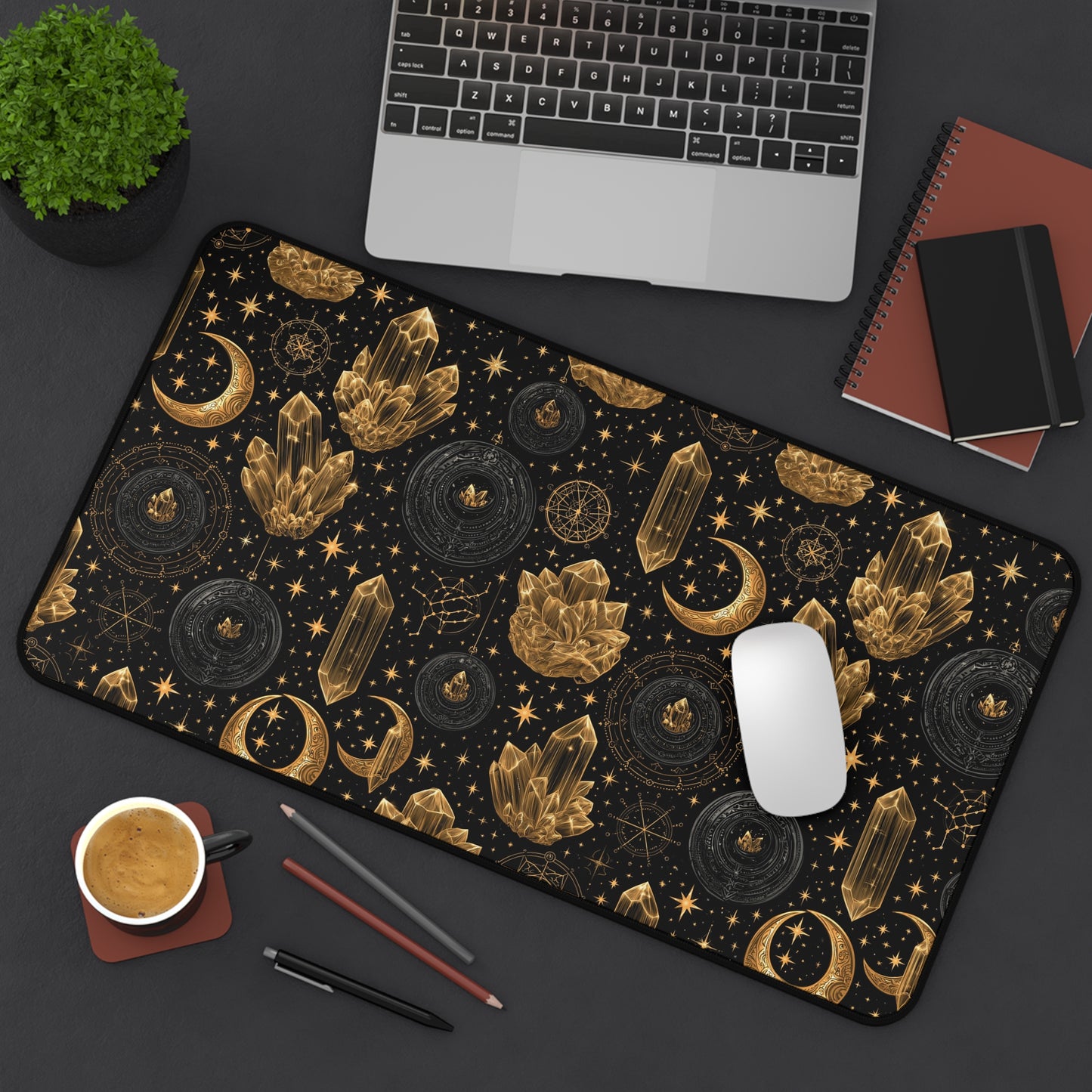 Mystic Gold Moon & Stars Crystals Desk Mat Gaming Work