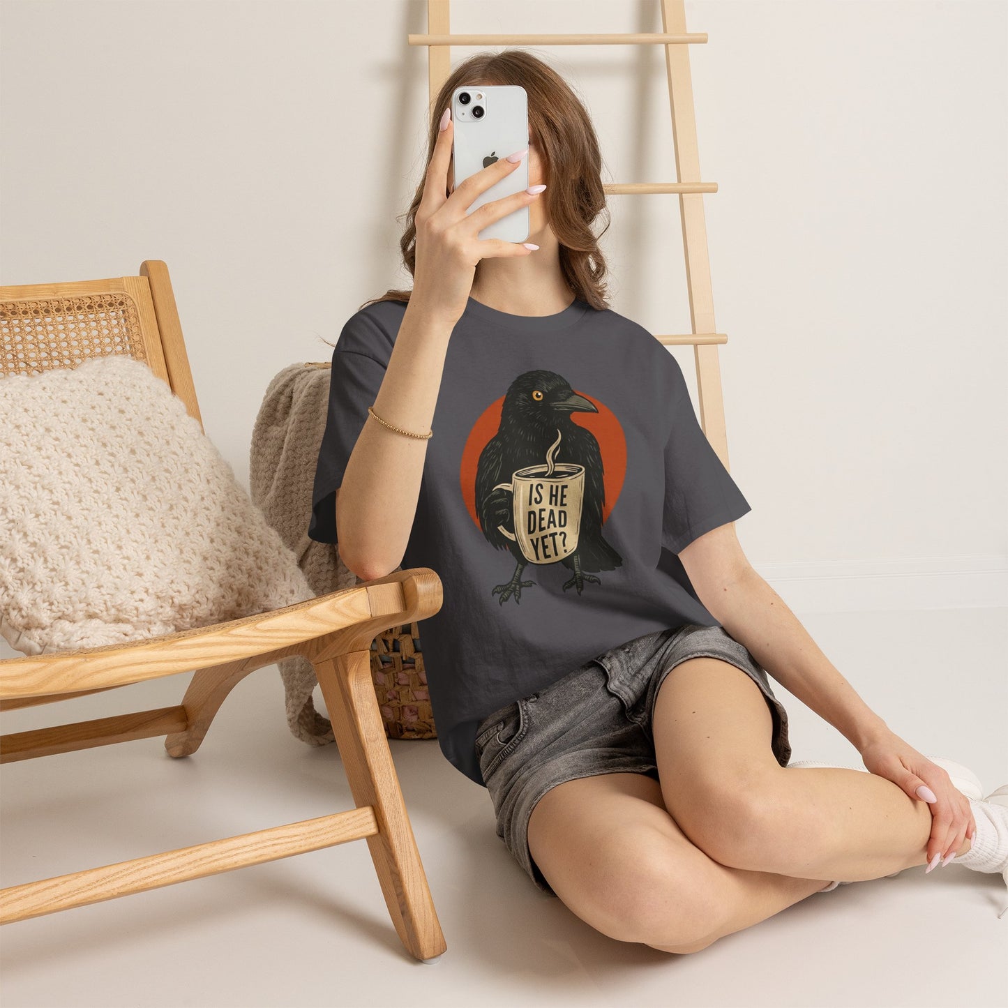 Raven Coffee Tee "Is He Dead Yet?" Humor T-Shirt
