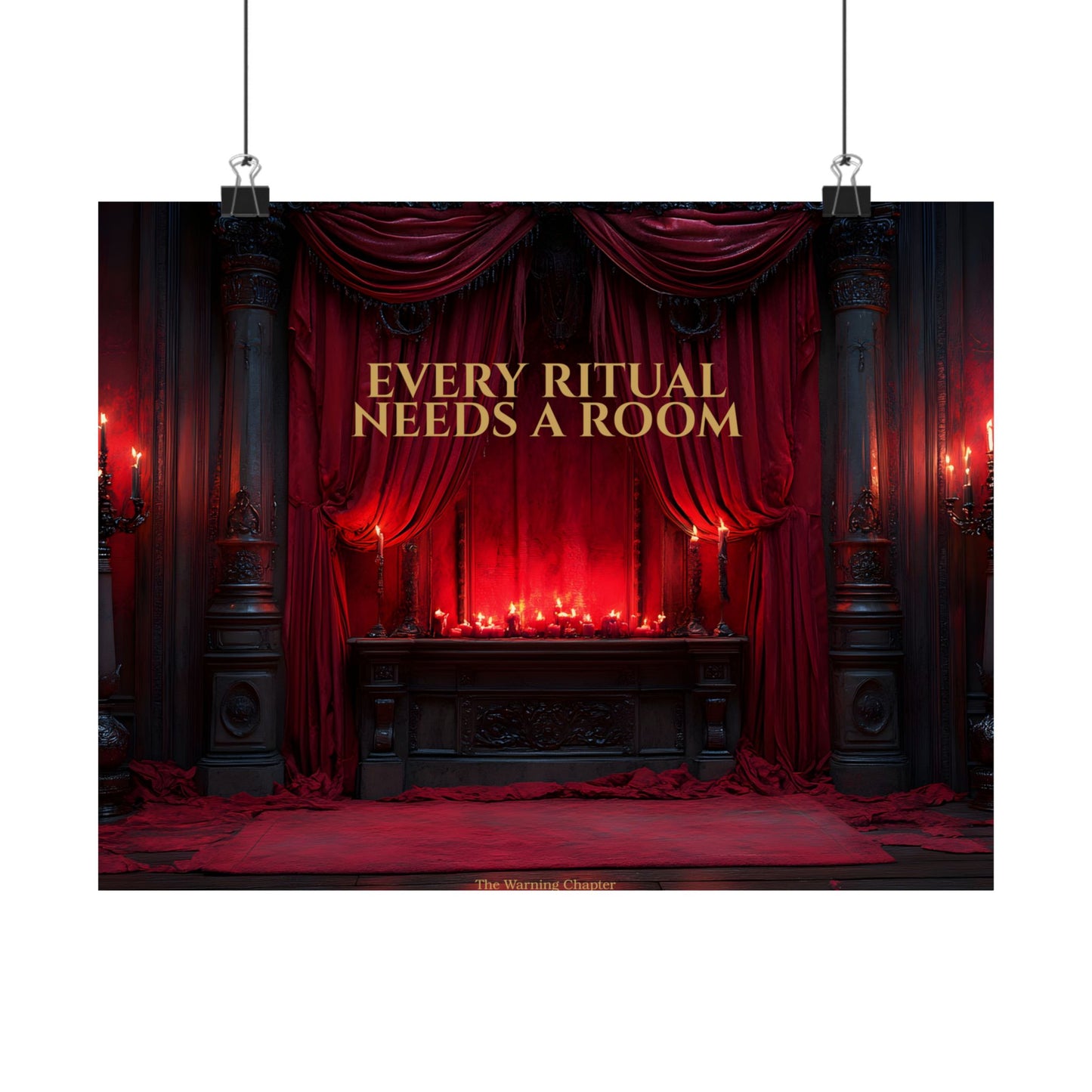 Every Ritual Needs a Room gothic poster featuring a red candlelit parlor, ritual altar, velvet curtains, and dark romantic occult decor.