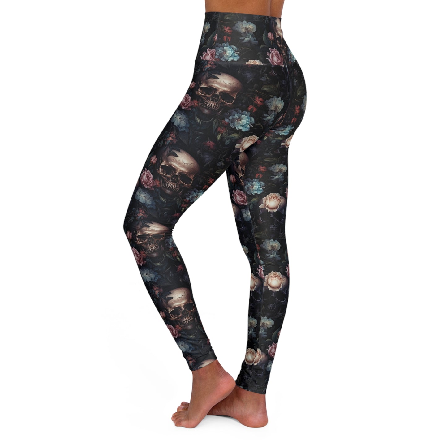 Skull & Rose High-Waist Yoga Leggings – Dark Floral Gothic Activewear