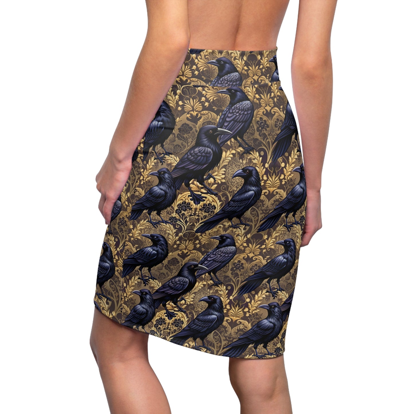 Raven Damask Pencil Skirt — Gothic Victorian Floral Pattern