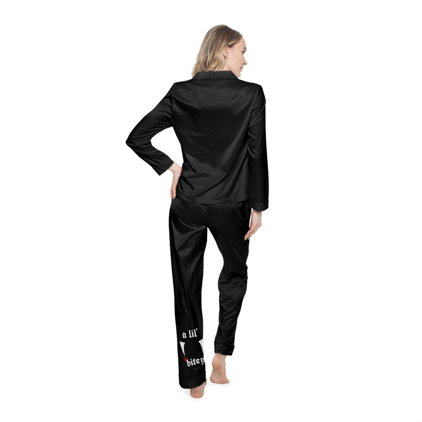 Black Satin Pajama Set — 'a lil' bitey' Vamp Cat Pocket & Leg Print