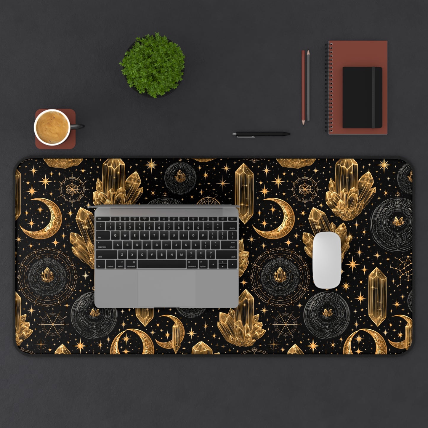 Mystic Gold Moon & Stars Crystals Desk Mat Gaming Work