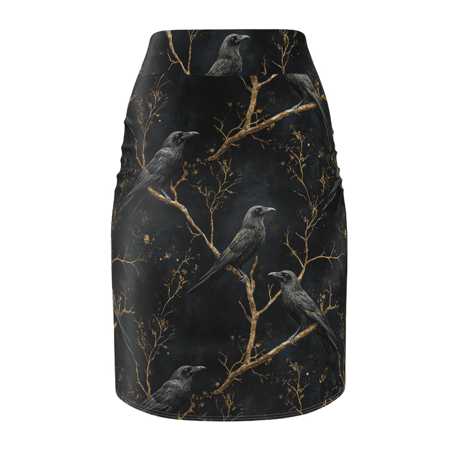 Women's Pencil Skirt with all over print of Gold Roses , Vines and Ravens