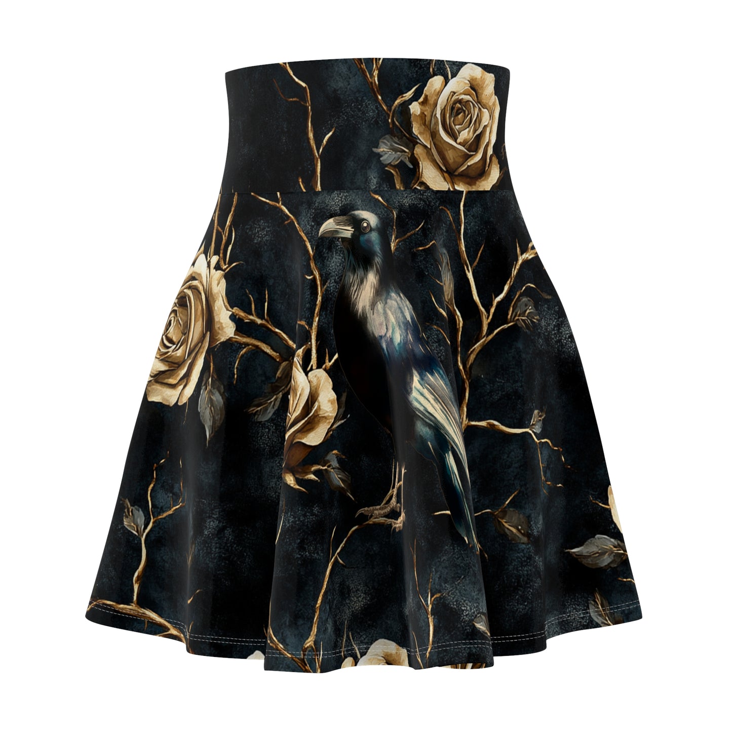 Women's Skater Skirt All Over Print Gold Roses Black Raven