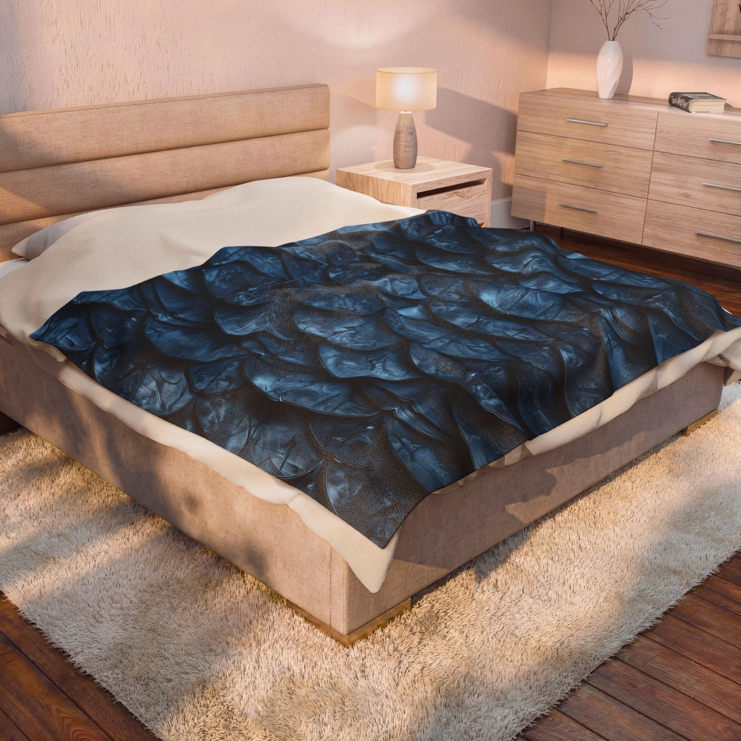 Velveteen Plush Blanket Deep Blue Dragon Mermaid Scale Throw