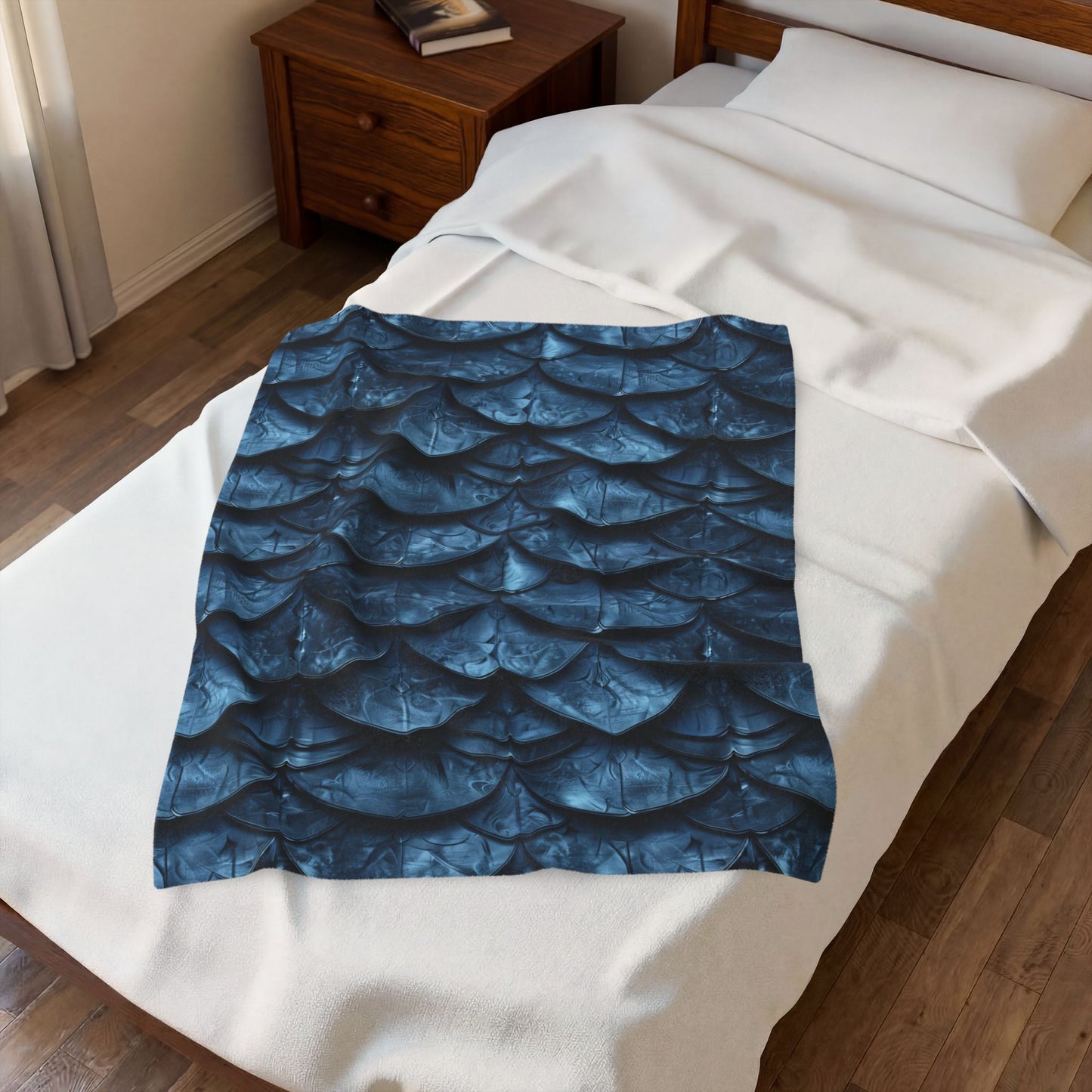 Velveteen Plush Blanket Deep Blue Dragon Mermaid Scale Throw