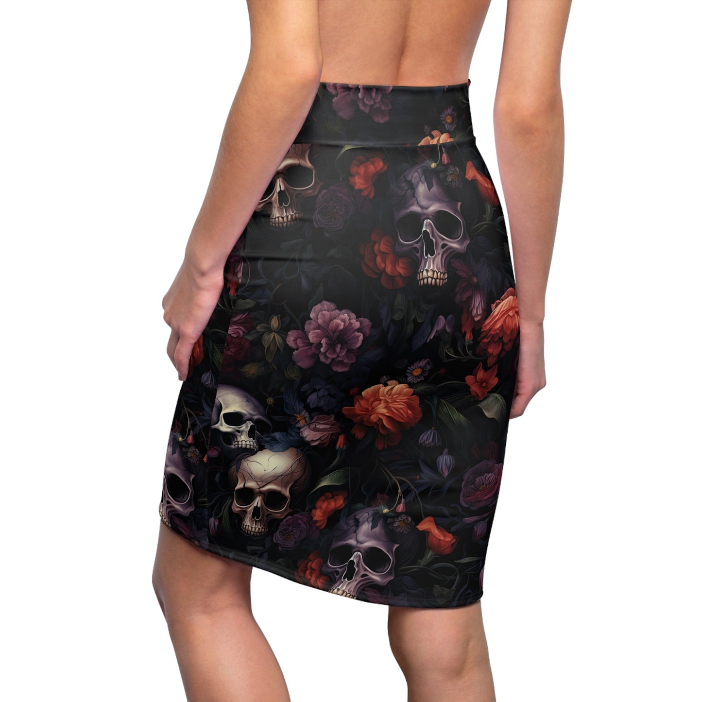 Skull & Dark Floral Pencil Skirt — Gothic Floral Women's Skirt