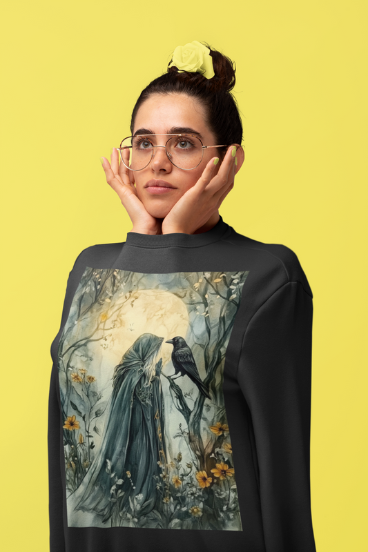 Raven and Witch gothic sweatshirt featuring dark witch artwork, raven imagery, and occult-inspired apparel style.