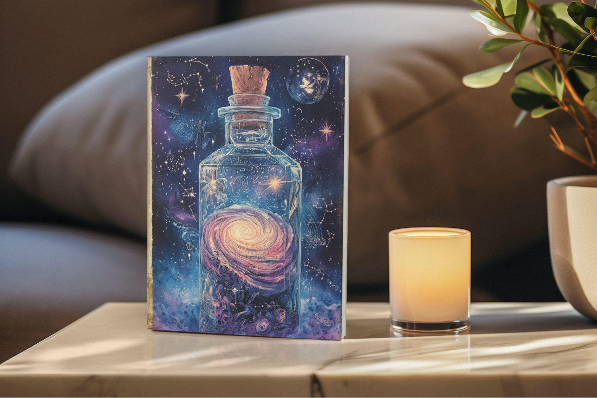 Celestial bottle hardcover journal featuring mystical gothic artwork, stars, moons, and dark romantic witchy stationery style.