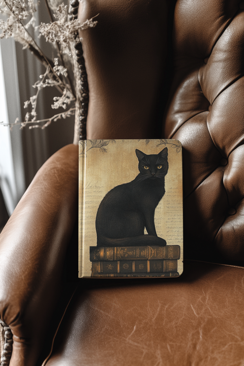 Vintage black cat hardcover journal featuring dark gothic cat artwork and witchy stationery style from The Warning Chapter.