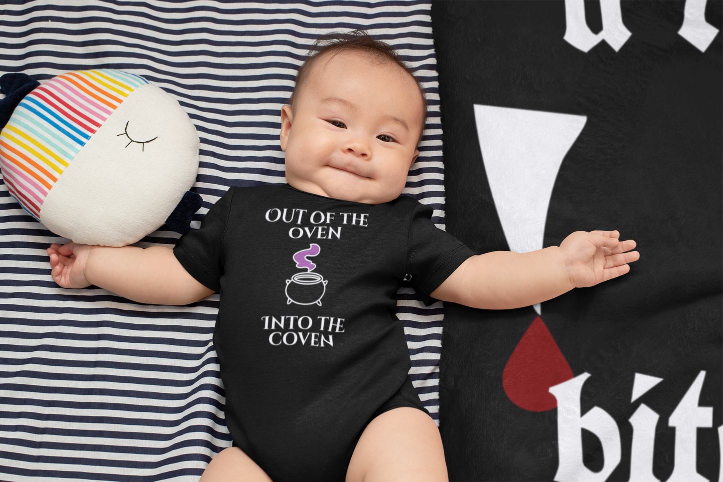 "Out of the Oven, Into the Coven" Witchy Baby Long Sleeve Onesie Infant Bodysuit