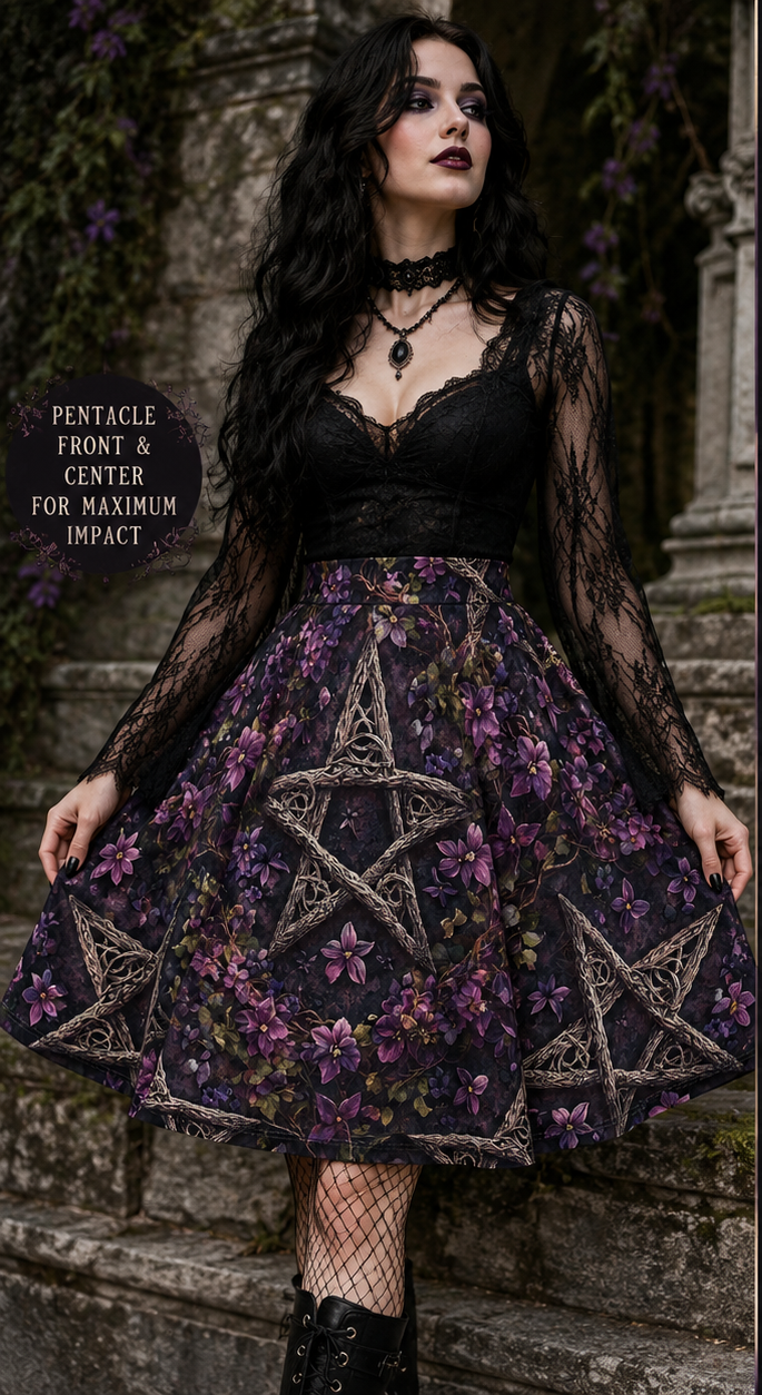 Floral Pentacle Skater Skirt — Gothic Purple Witchy AOP Skirt