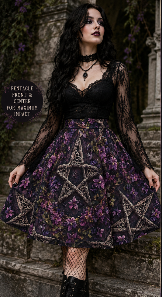 Floral Pentacle Skater Skirt — Gothic Purple Witchy AOP Skirt