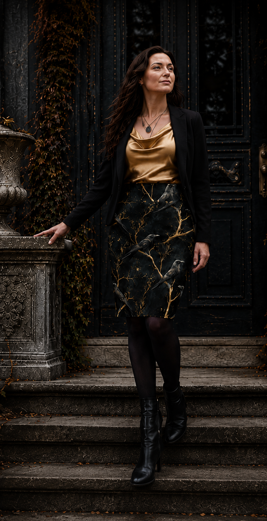 Women's Pencil Skirt with all over print of Gold Roses , Vines and Ravens