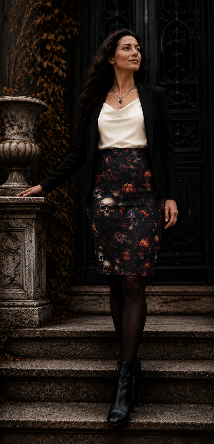 Skull & Dark Floral Pencil Skirt — Gothic Floral Women's Skirt