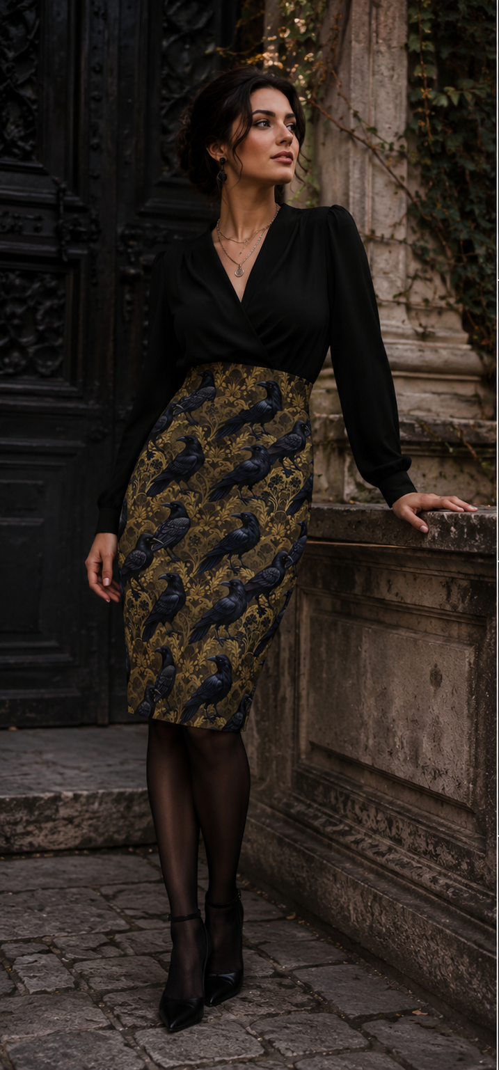 Raven Damask Pencil Skirt — Gothic Victorian Floral Pattern