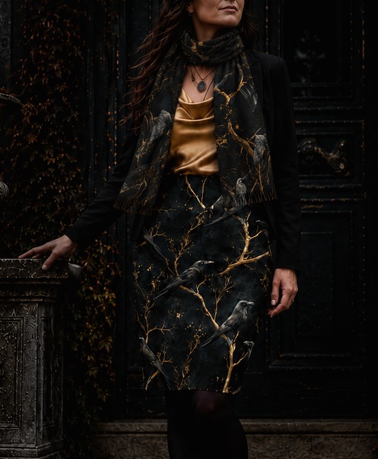 Light Gold & Ravens Scarf Complimetary for Skirt