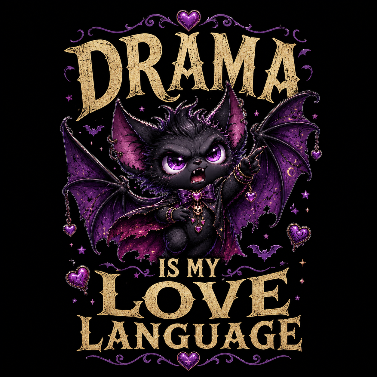 Drama Is My Love Language T-Shirt — Cute Gothic Bat Graphic Tee