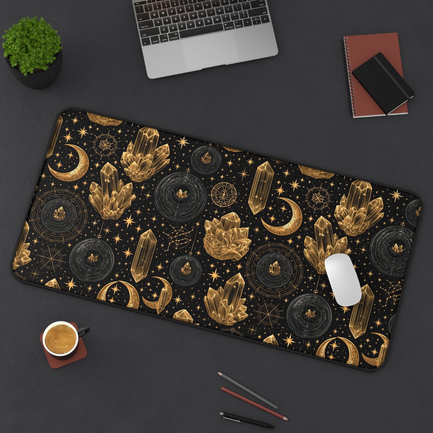 Mystic Gold Moon & Stars Crystals Desk Mat Gaming Work