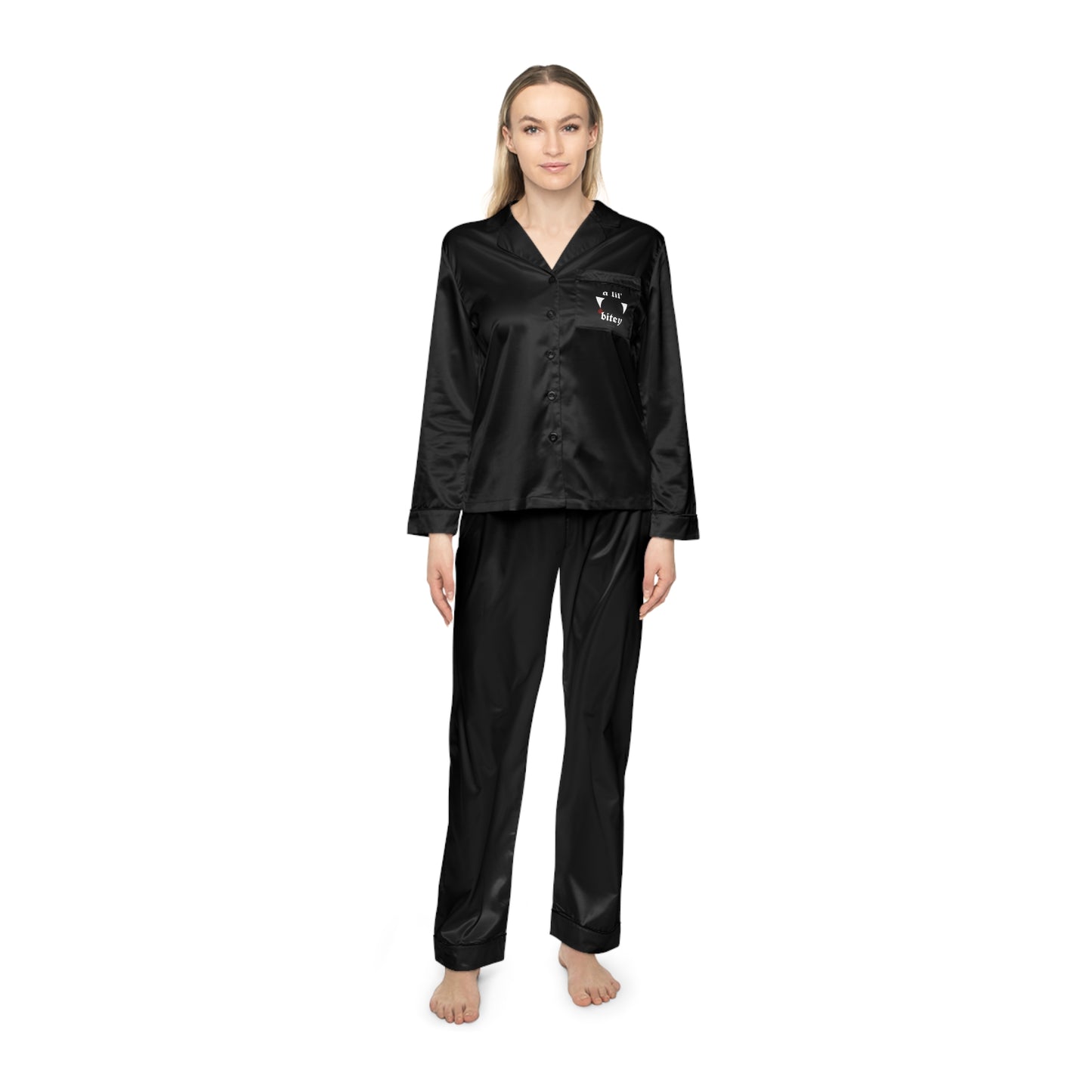 Black Satin Pajama Set — 'a lil' bitey' Vamp Cat Pocket & Leg Print