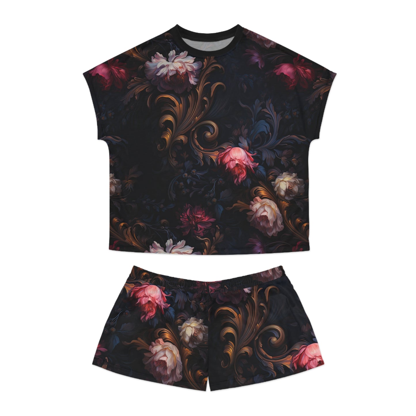Floral Dark Vintage Baroque Women's Short Pajama Set Sleepwear