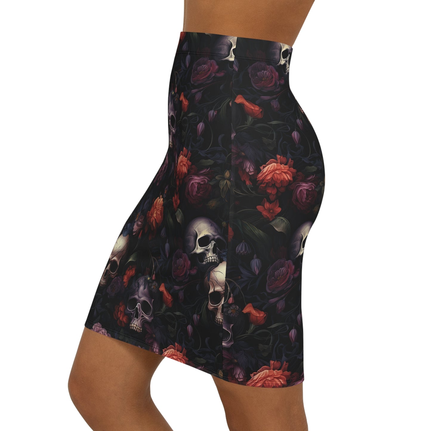 Skull & Roses Pencil Skirt Gothic Floral Mini
