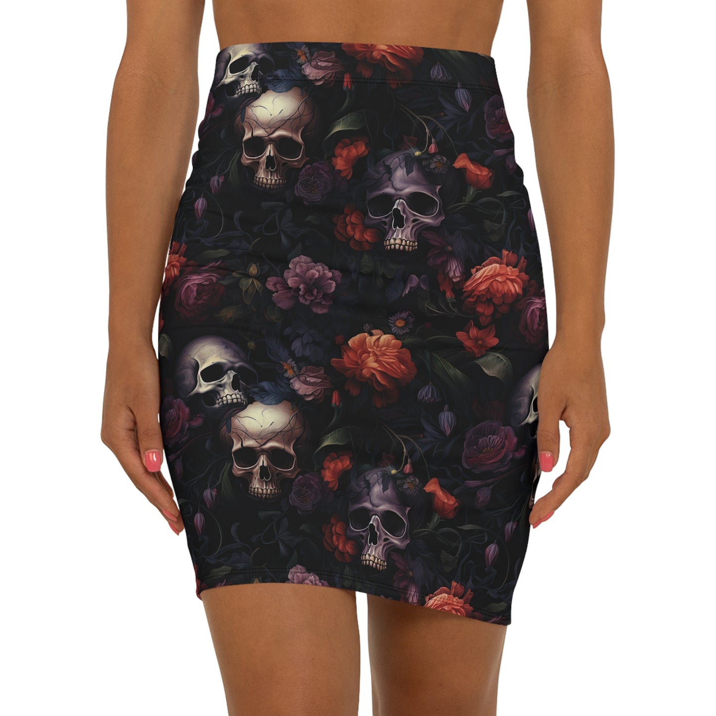 Skull & Roses Pencil Skirt Gothic Floral Mini
