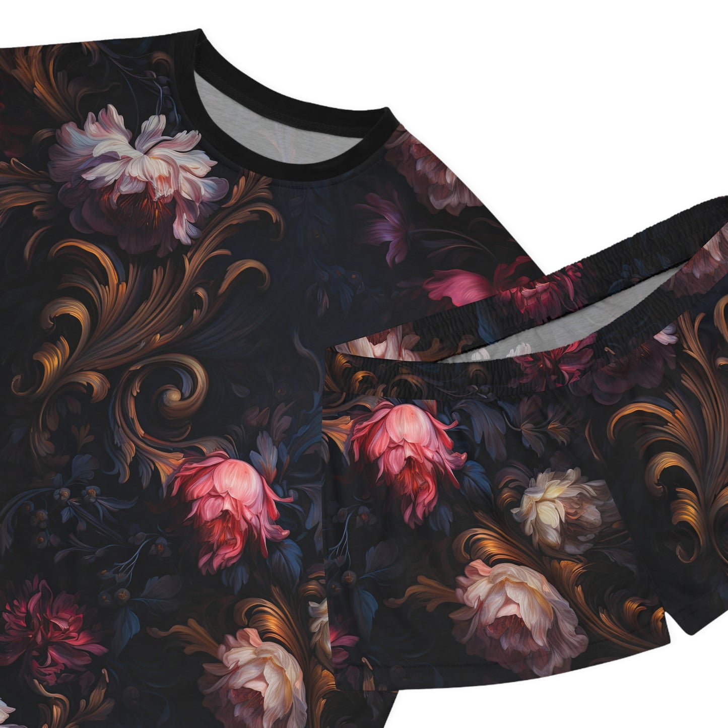 Floral Dark Vintage Baroque Women's Short Pajama Set Sleepwear