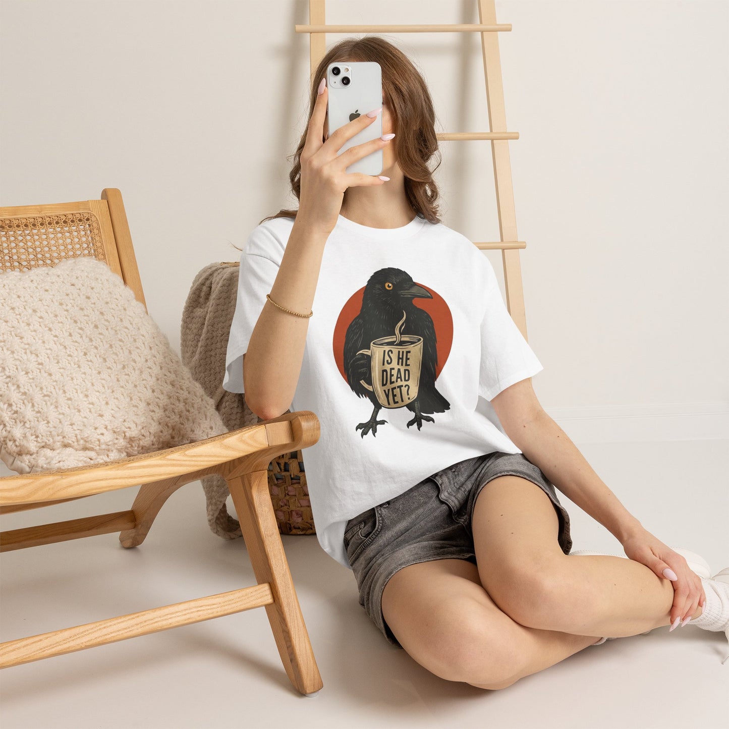 Raven Coffee Tee "Is He Dead Yet?" Humor T-Shirt