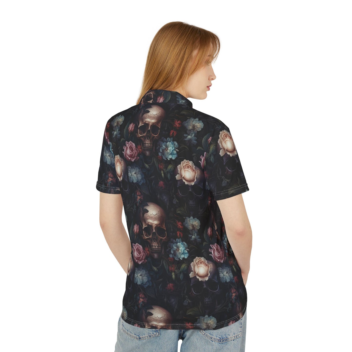 Gothic Skull & Vintage Roses Floral All-Over Print Polo