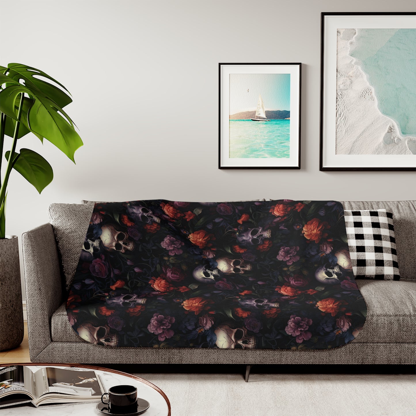 Gothic Floral Skull Sherpa Blanket Cozy Dark Rose Throw