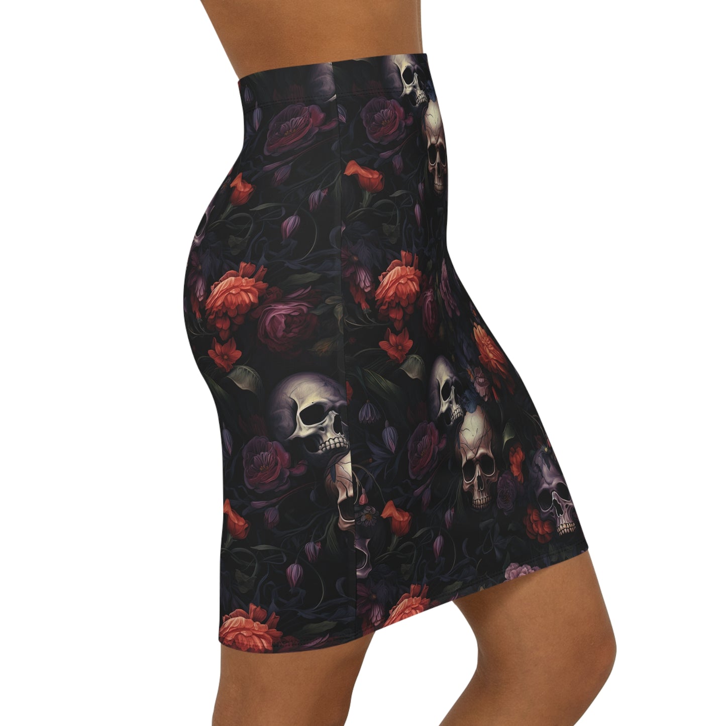 Skull & Roses Pencil Skirt Gothic Floral Mini