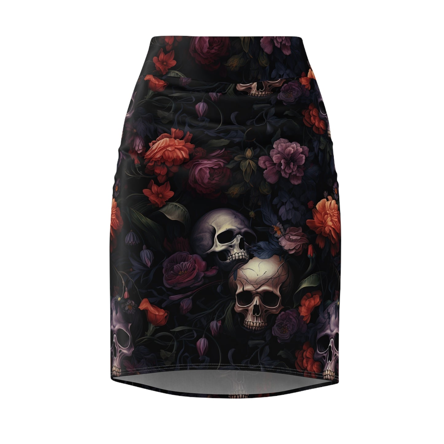 Skull & Dark Floral Pencil Skirt — Gothic Floral Women's Skirt